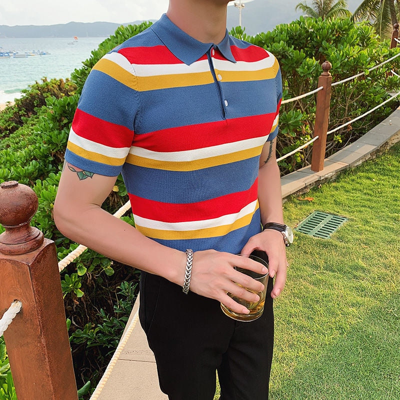 Quad Color Horizontal Stripes Knitted Polo Shirt