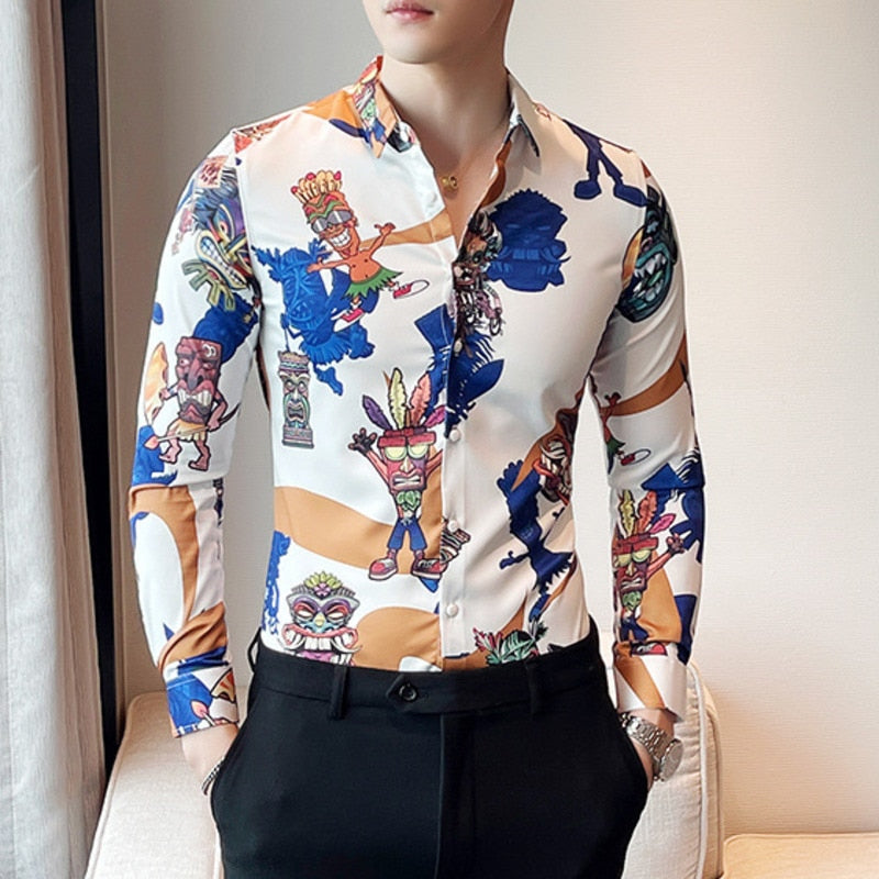 Hawaiian Mask Printed Polyester Spandex Long Sleeve Shirt