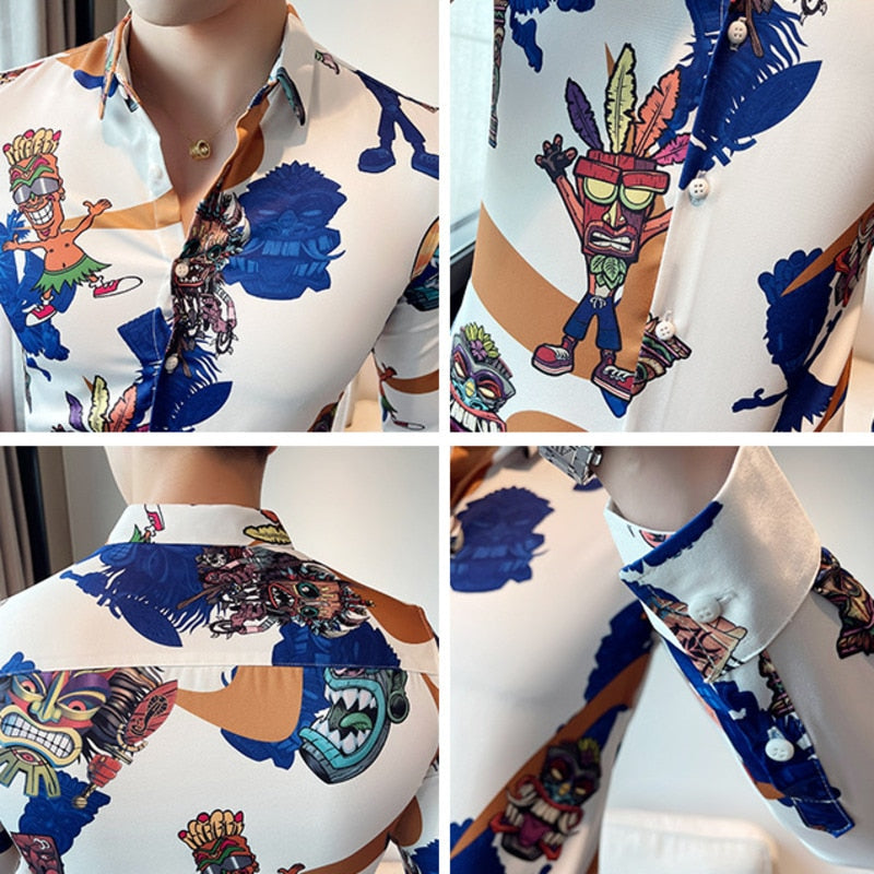 Hawaiian Mask Printed Polyester Spandex Long Sleeve Shirt