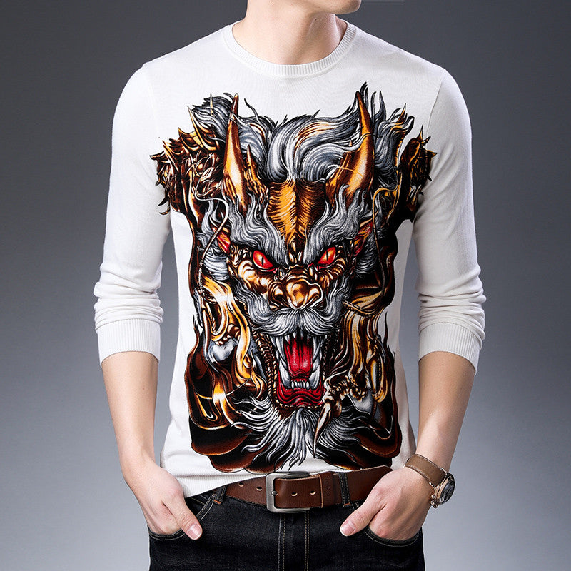Fierce Horned Animal Print Casual O Neck Style Men Sweater