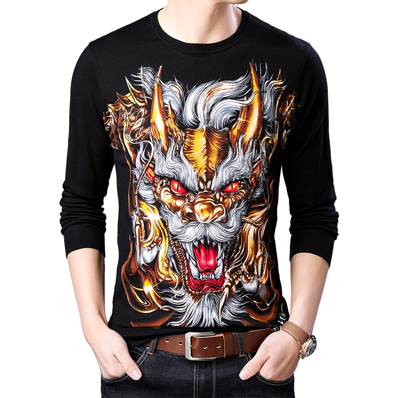 Fierce Horned Animal Print Casual O Neck Style Men Sweater