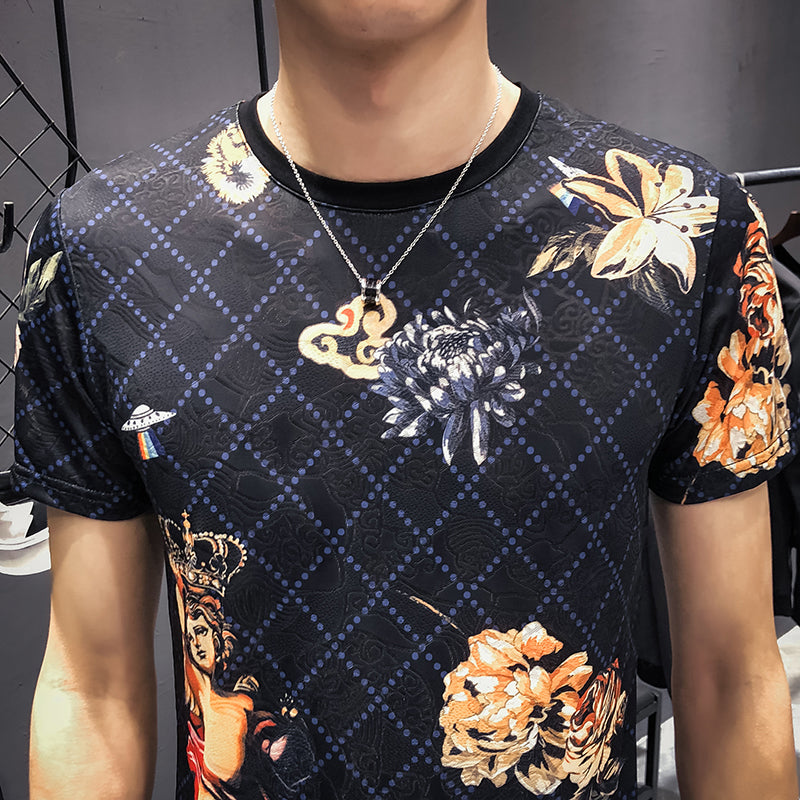 Floral Diamond Plaid Printed Round Neck Design Men T-Shirt