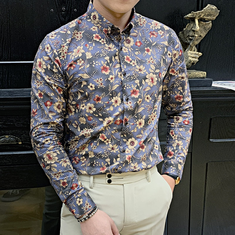 Floral Seamless Prints Men Long Sleeve Shirt