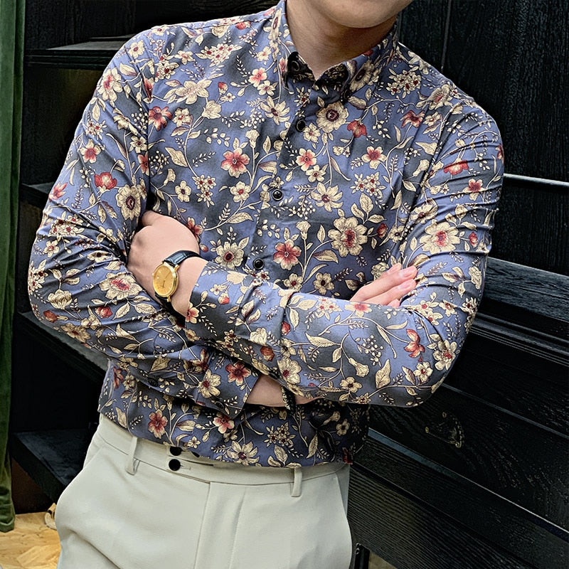 Floral Seamless Prints Men Long Sleeve Shirt