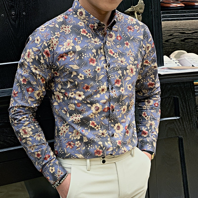 Floral Seamless Prints Men Long Sleeve Shirt