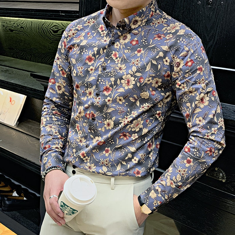 Floral Seamless Prints Men Long Sleeve Shirt