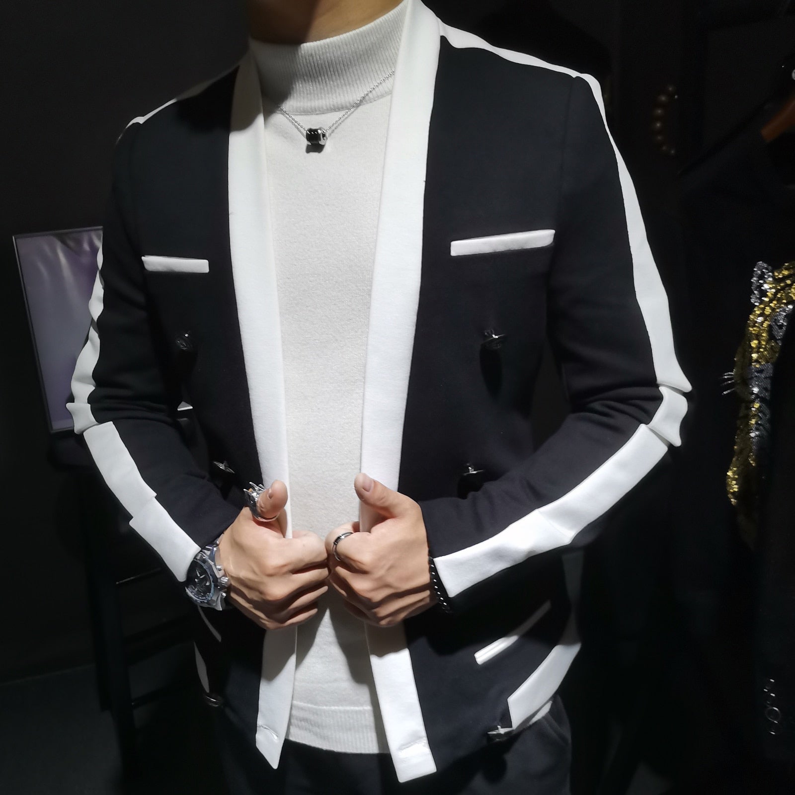 White Line Decorated Black Blazer