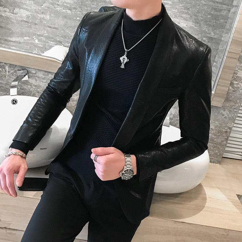 Single Button Solid Black Slim Fit Style Men Blazer