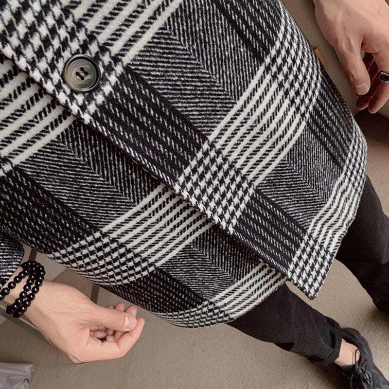 Black Grey Plaid Pattern Long Coat