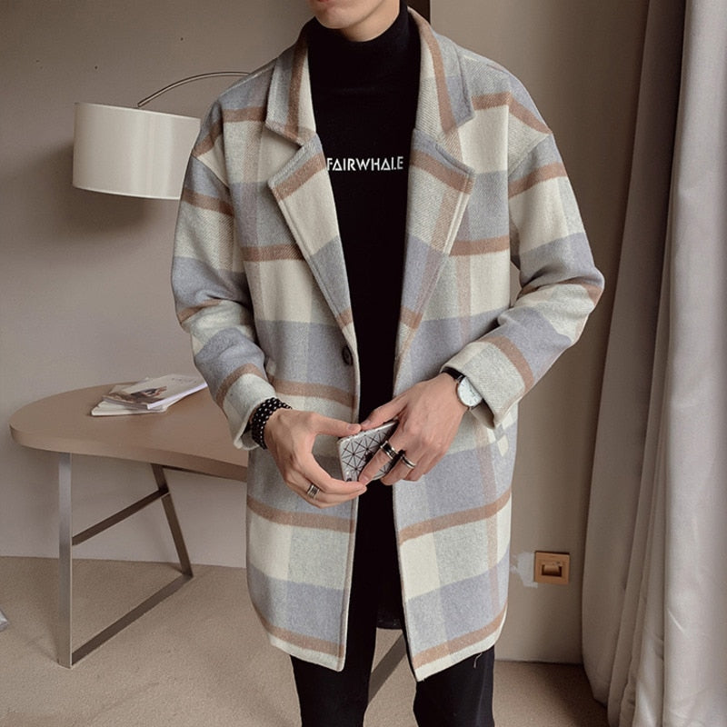 Black Grey Plaid Pattern Long Coat