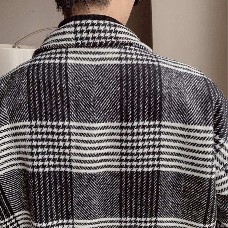 Black Grey Plaid Pattern Long Coat