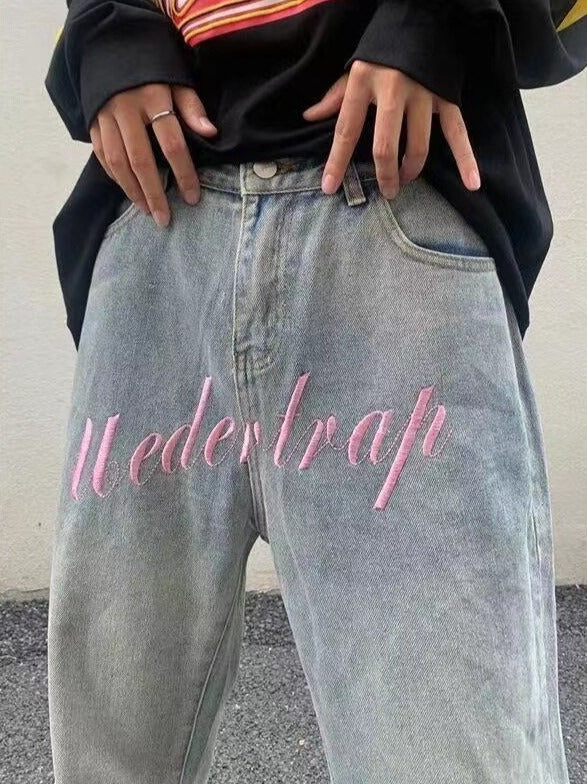 Embroidery Patchwork Light Blue Men Jeans