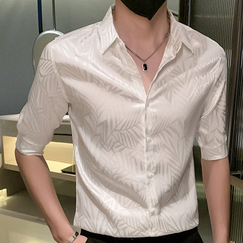 Casual Solid Leaf Satin Jacquard Shirt