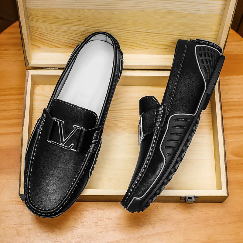 Solid V Letter Appliques Leather Loafers
