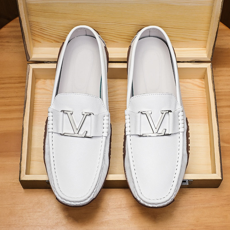 Solid V Letter Appliques Leather Loafers