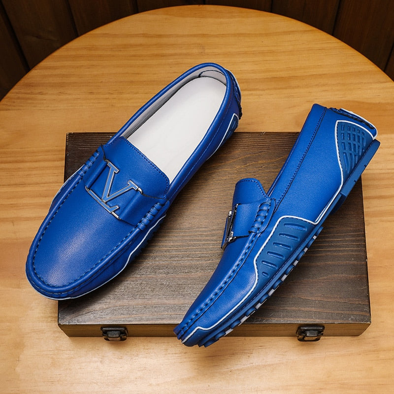 Solid V Letter Appliques Leather Loafers