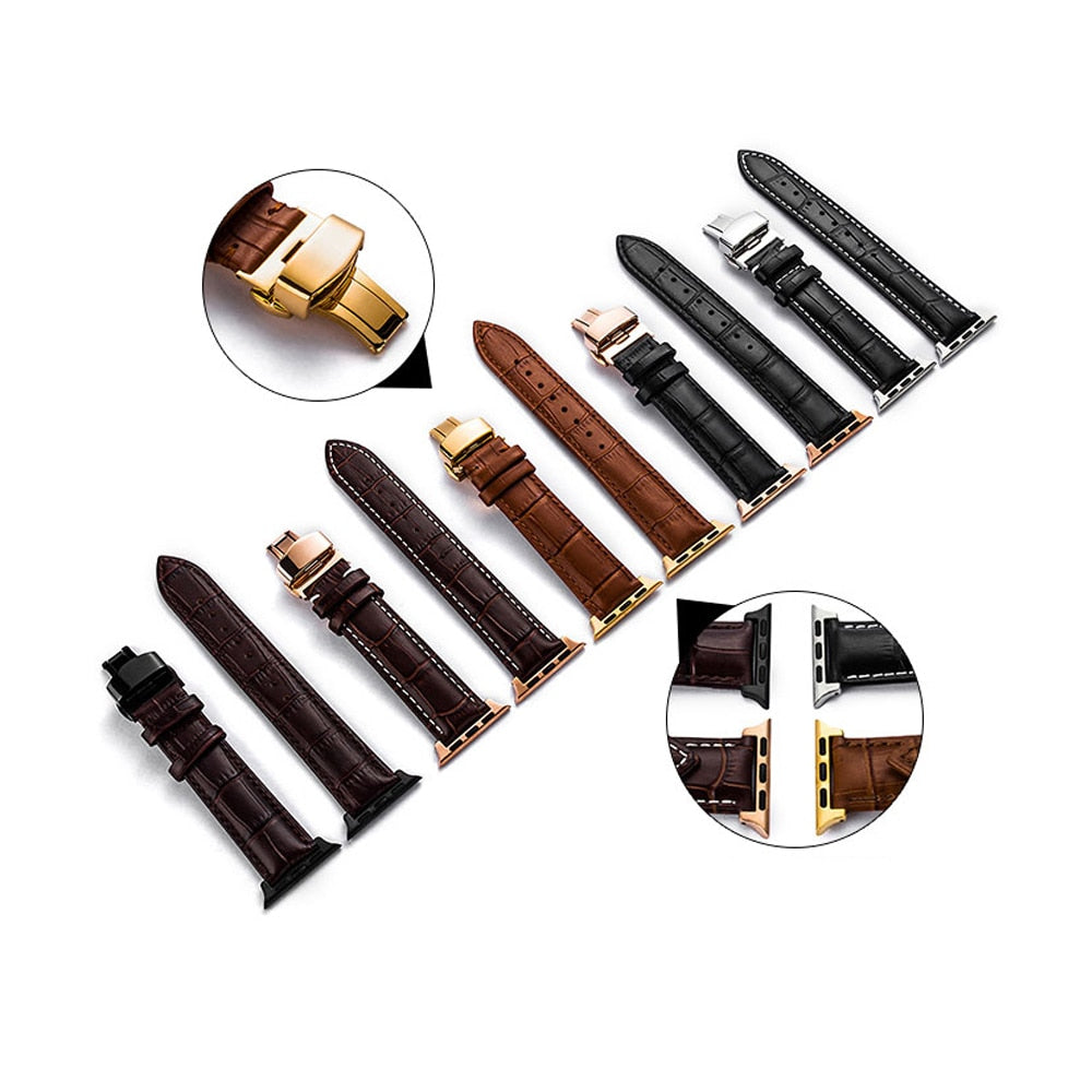 Butterfly Buckle Leather Strap For Apple Watch