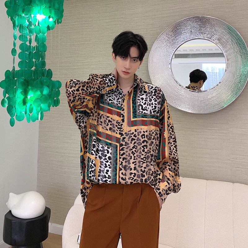 Leopard Mixed Print Colorful Men Long Sleeve Shirt
