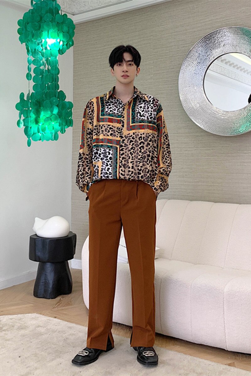 Leopard Mixed Print Colorful Men Long Sleeve Shirt