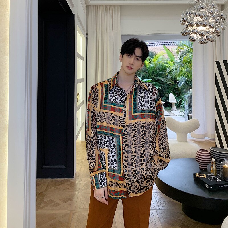 Leopard Mixed Print Colorful Men Long Sleeve Shirt