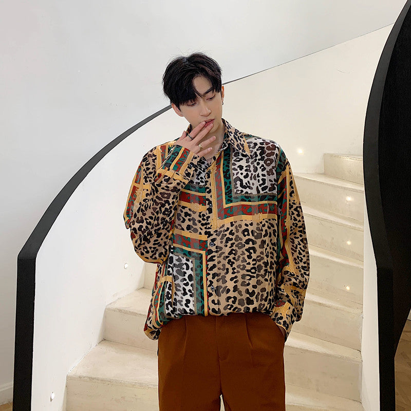 Leopard Mixed Print Colorful Men Long Sleeve Shirt