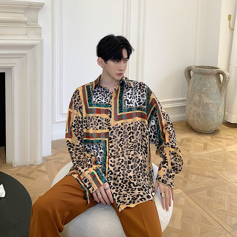 Leopard Mixed Print Colorful Men Long Sleeve Shirt