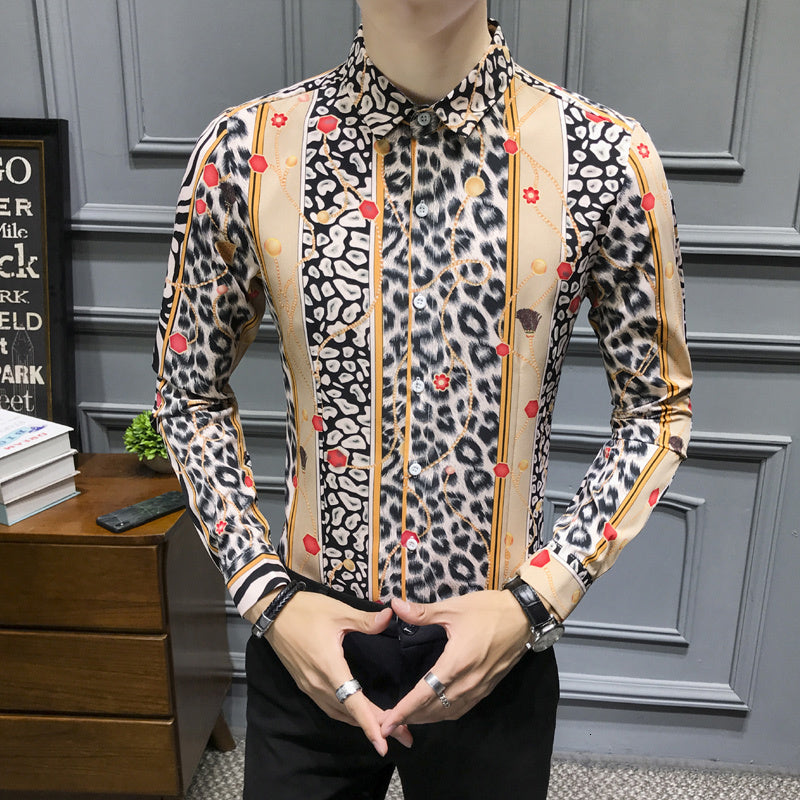 Leopard Fancy Print Slim Fit Long Sleeve Style Men Shirts