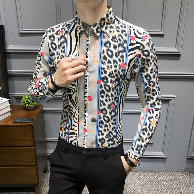 Leopard Fancy Print Slim Fit Long Sleeve Style Men Shirts