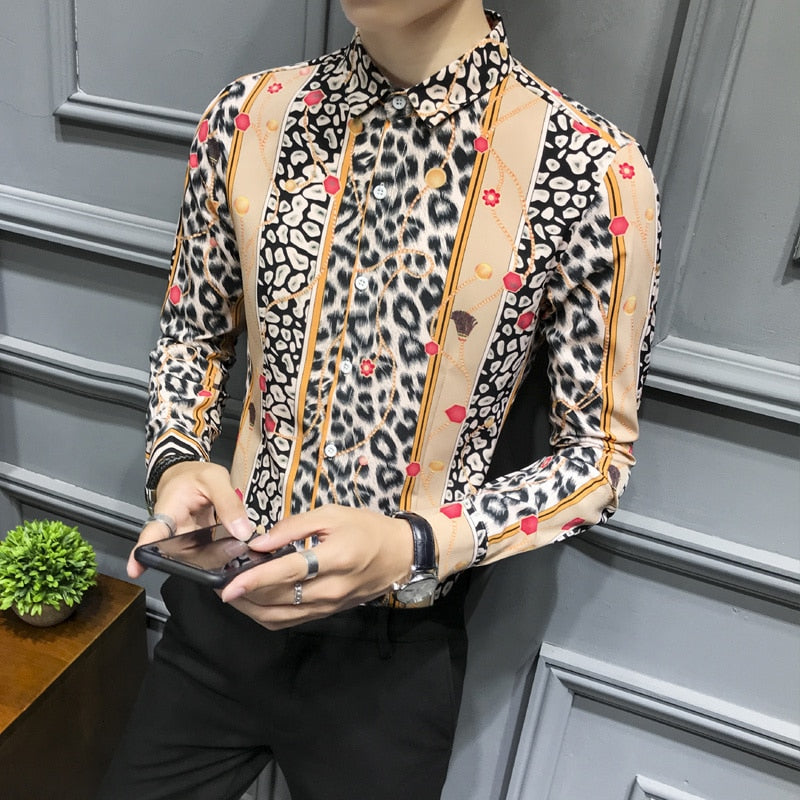 Leopard Fancy Print Slim Fit Long Sleeve Style Men Shirts