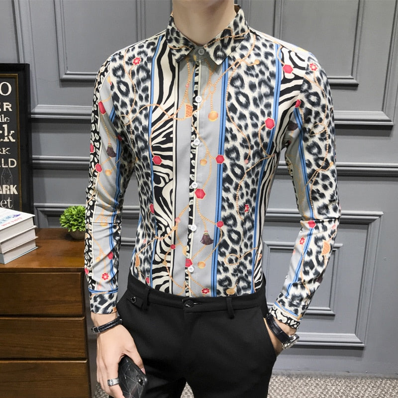 Leopard Fancy Print Slim Fit Long Sleeve Style Men Shirts