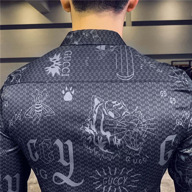Letter Print Slim Fit Long Sleeve Casual Office Wear Style Men Shirts