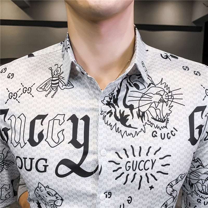 Letter Print Slim Fit Long Sleeve Casual Office Wear Style Men Shirts