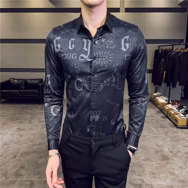Letter Print Slim Fit Long Sleeve Casual Office Wear Style Men Shirts