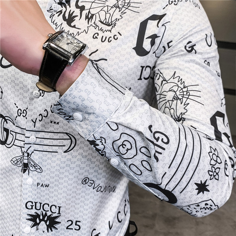 Letter Print Slim Fit Long Sleeve Casual Office Wear Style Men Shirts