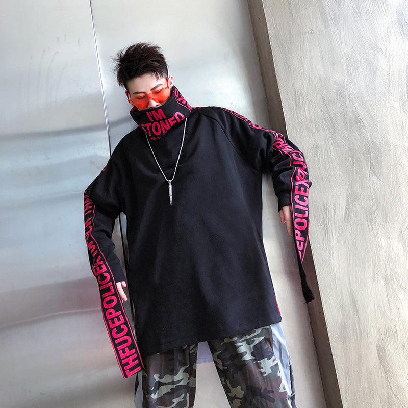 Hip Hop High Turtleneck Style Men Pullover Shirt with Patched Letter Sleeve