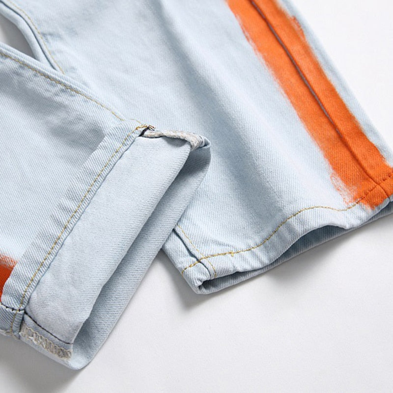 Side Orange Line Decorated Ripped Jeans