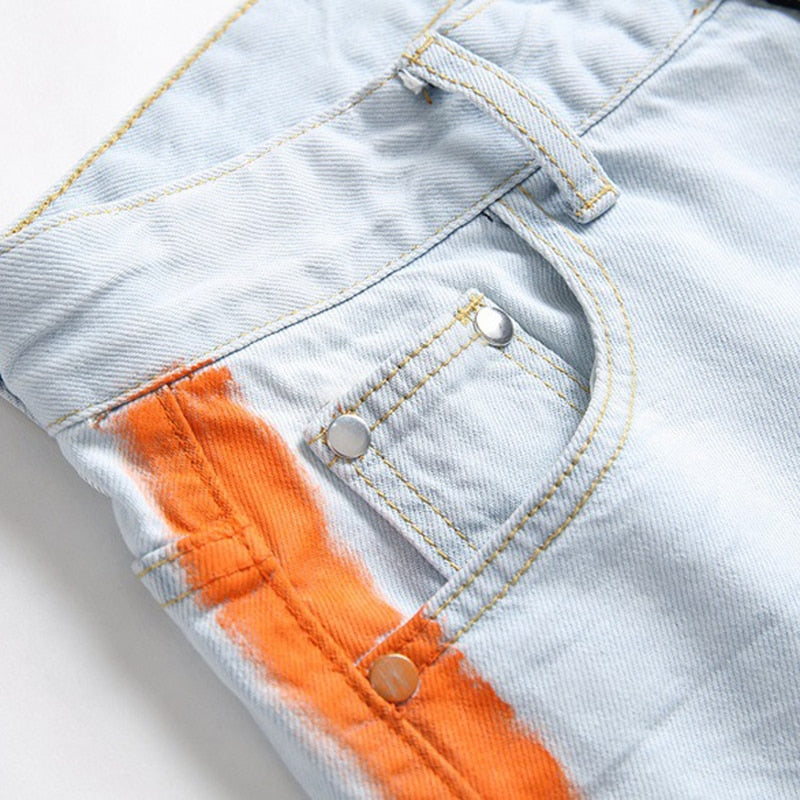 Side Orange Line Decorated Ripped Jeans