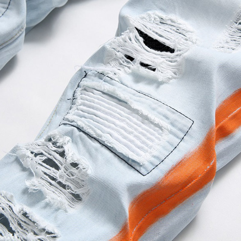 Side Orange Line Decorated Ripped Jeans