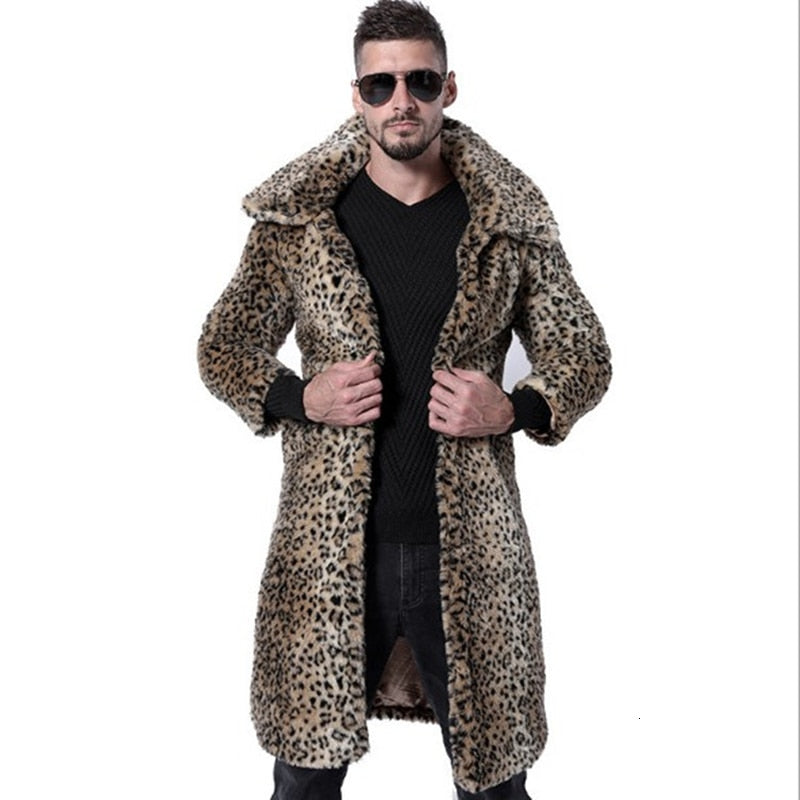 Warm Leopard Long Faux Fur Stylish Men Coat