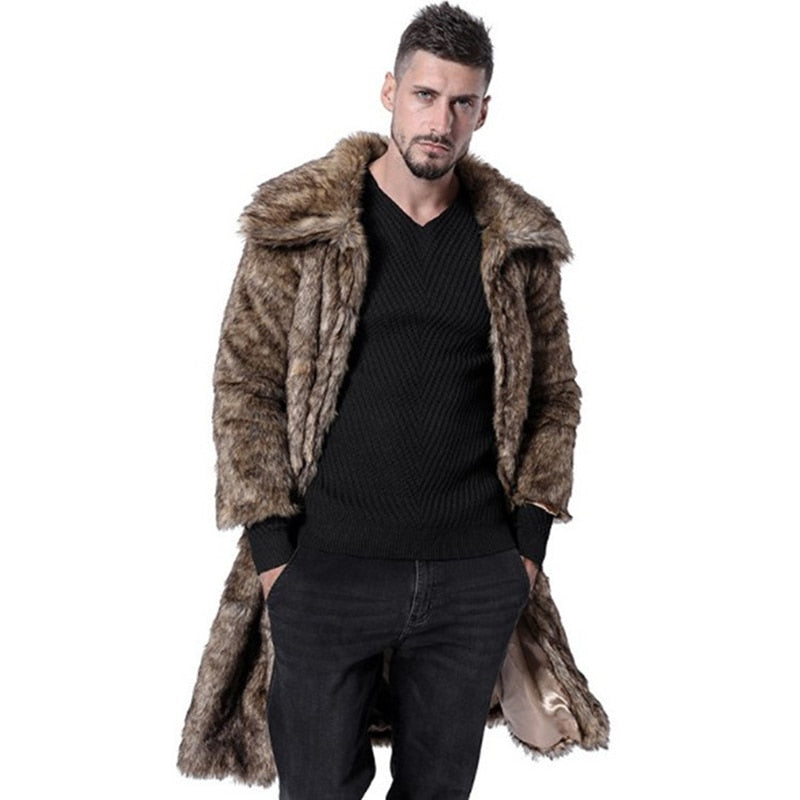 Warm Leopard Long Faux Fur Stylish Men Coat
