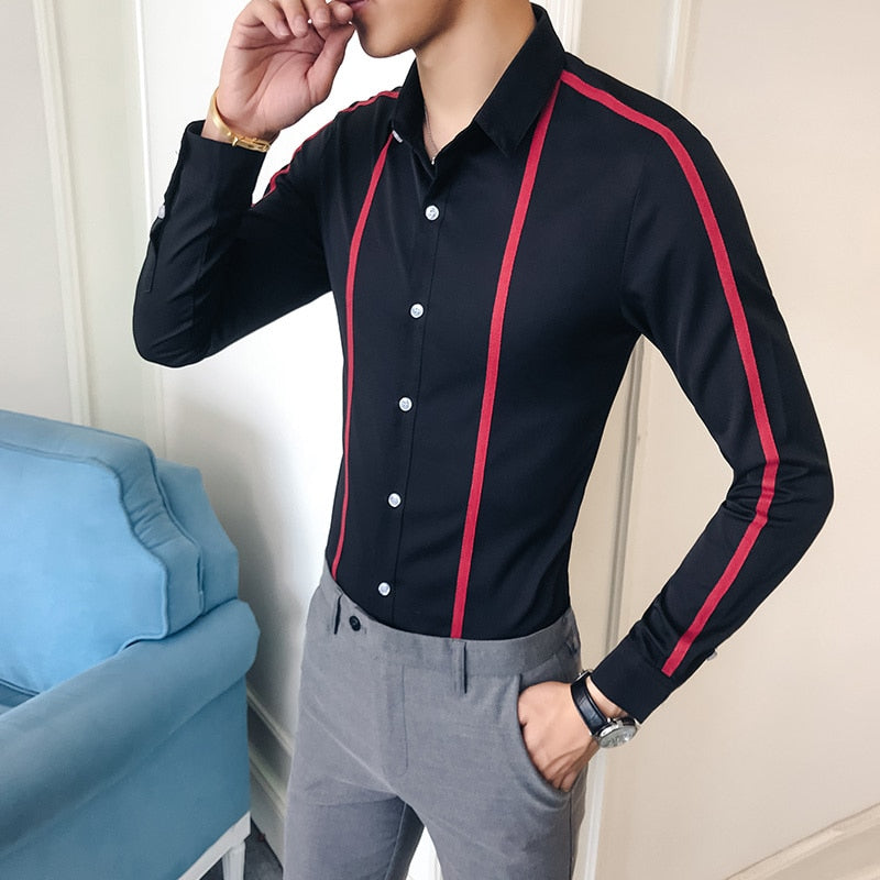 Solid Stripe Long Sleeve Slim Fit Casual Style Men Shirt