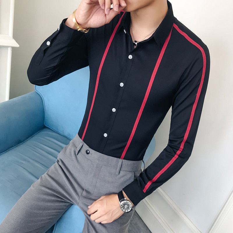 Solid Stripe Long Sleeve Slim Fit Casual Style Men Shirt