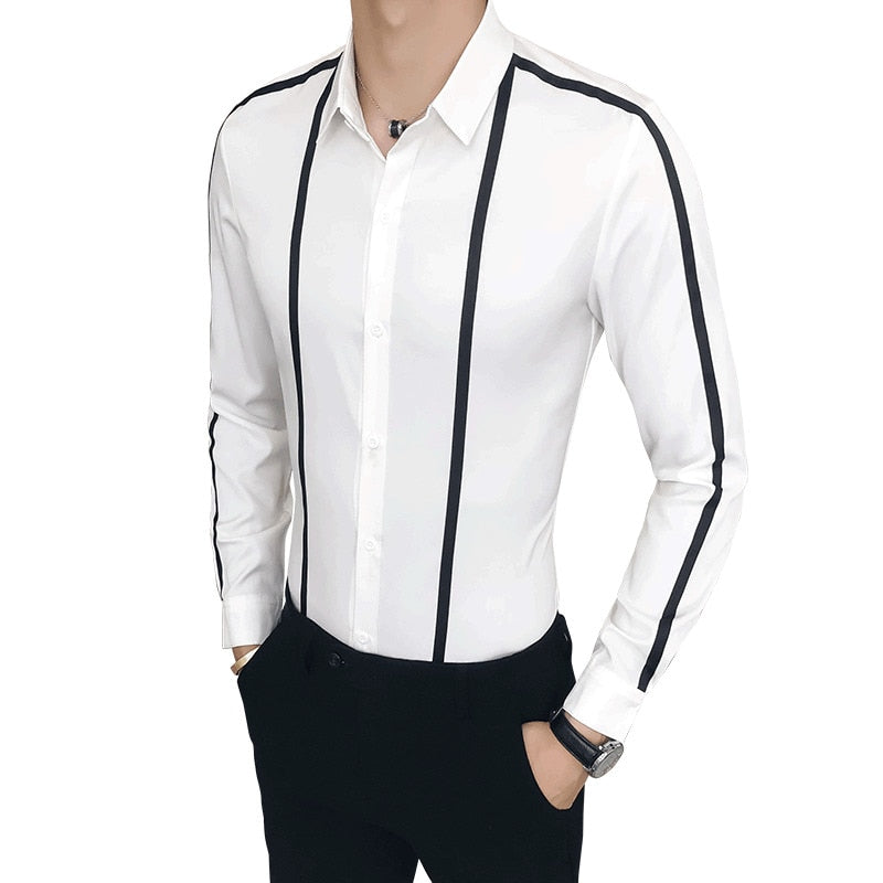 Solid Stripe Long Sleeve Slim Fit Casual Style Men Shirt