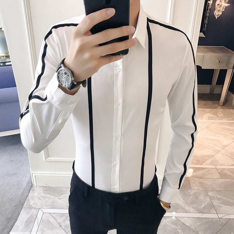 Solid Stripe Long Sleeve Slim Fit Casual Style Men Shirt