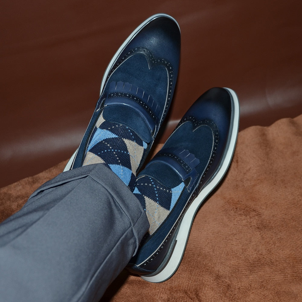 Genuine Leather Suede Wingtip Tassel Flat Loafers