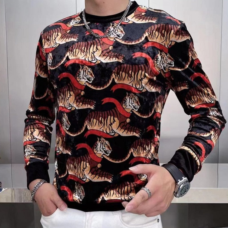Tigers Print Velvet O-Neck Sweatshirt