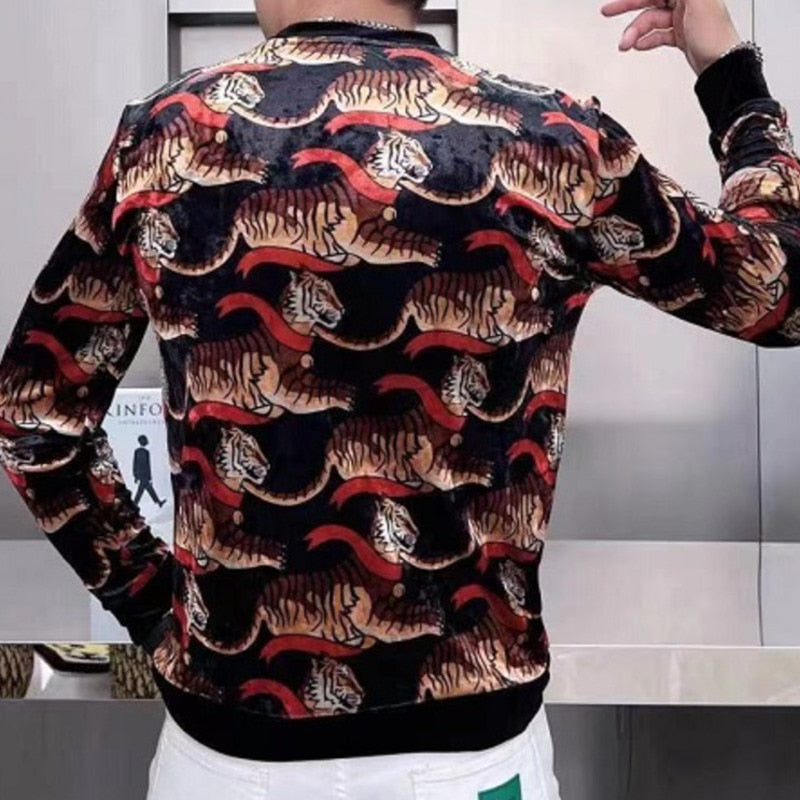 Tigers Print Velvet O-Neck Sweatshirt