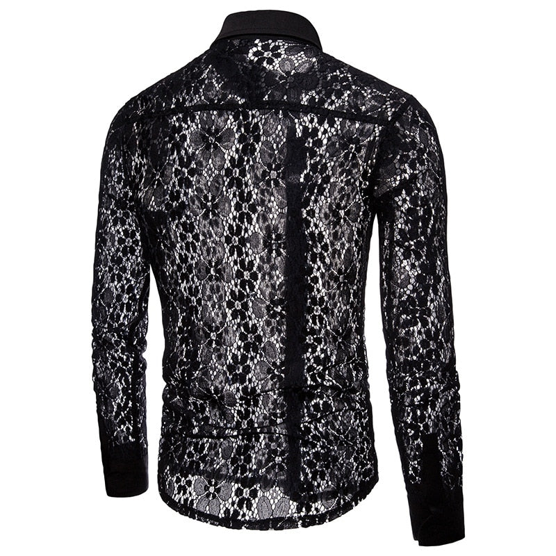 Luxury Floral Embroidery Lace See through Men Shirt