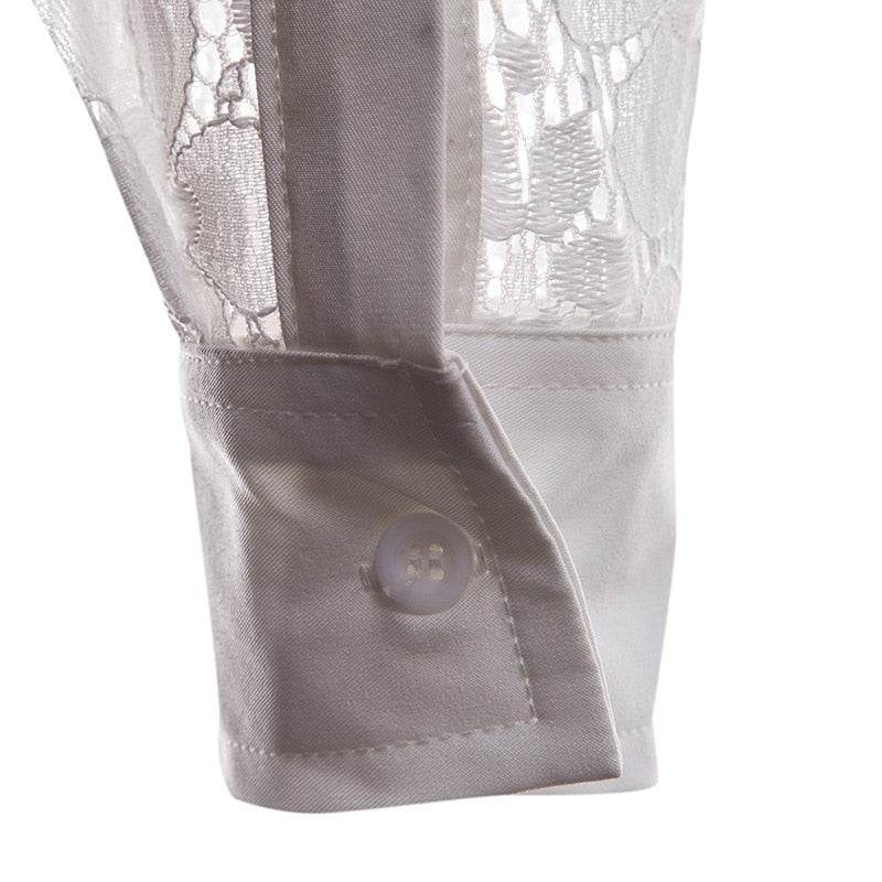 Luxury Floral Embroidery Lace See through Men Shirt