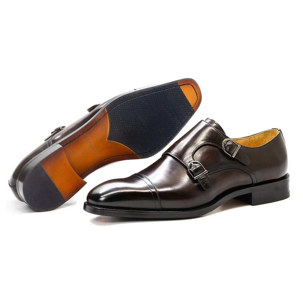 Solid Genuine Leather Buckle Strap Monk Shoes